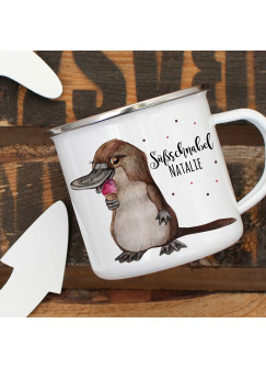 Emaillebecher Becher Tasse Camping Schnabeltier mit Eis & Süßschnabel Name Wunschname Kaffeetasse Geschenk eb411