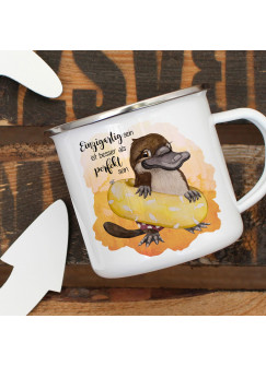 Emaille Becher Camping Tasse Schnabeltier mit Schwimmring Spruch Einzigartig perfekt Kaffeetasse Geschenk Spruchbecher eb412