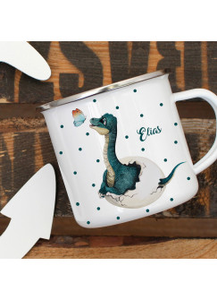 Emaille Becher Camping Tasse Dino aus dem Ei mit Schmetterling & Name Wunschname Kaffeetasse Geschenk eb413