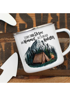 Emaille Becher Camping Tasse Zelt campen Wildnis Wald Berge & Spruch Lieber 1000 Sterne am Himmel...  Kaffeetasse Geschenk eb415