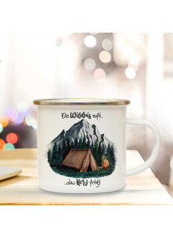 Emaille Becher Camping Tasse Zelt campen Wald Berge & Spruch Die Wildnis ruft das Herz folgt Kaffeetasse Geschenk eb416