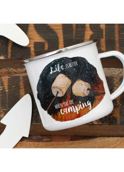 Emaille Becher Camping Tasse Marshmallows & Spruch Life is better when you are camping Kaffeetasse Geschenk eb417