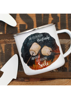 Emaille Becher Camping Tasse Marshmallows & Spruch Jobs füllen Brieftasche Abenteuer deine Seele Kaffeetasse Geschenk eb418