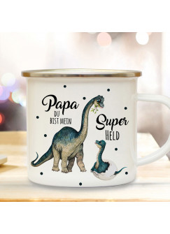 Emaille Becher Camping Tasse Dino Dinopapa Papa mit Junges & Spruch Papa du bist mein Superheld Kaffeetasse Geschenk eb430