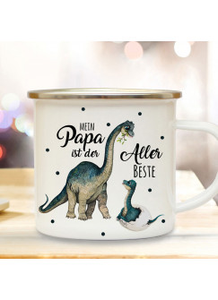 Emaille Becher Camping Tasse Dino Dinopapa Papa mit Junges & Spruch Mein Papa ist der Allerbeste Kaffeetasse Geschenk eb431