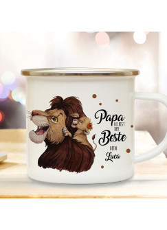 Emaille Becher Camping Tasse Löwe Löwenpapa Papa mit Junges & Spruch Papa du bist der Beste Dein Name Wunschname Kaffeetasse Geschenk eb434