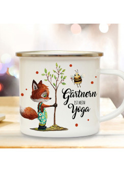 Emaille Becher Camping Tasse Fuchs mit Hummel & Spruch Gärtnern ist mein Yoga Kaffeetasse Geschenk eb435