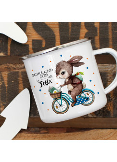 Emaille Becher Einschulung Camping Tasse Hase auf Fahrrad Spruch Schulkind 2019 & Name Wunschname Kaffeetasse Geschenk eb438