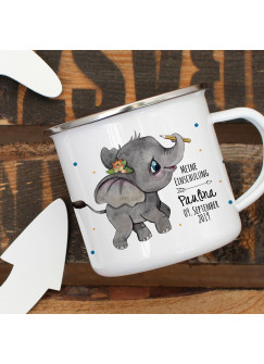 Emaille Becher Einschulung Camping Tasse Elefant mit Stift Spruch Schulkind 2019 & Name Wunschname Wunschdatum Kaffeetasse Geschenk eb439