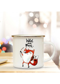 Emaille Tasse Becher mit Indianer Fuchs Kaffeebecher Camping Becher mit Spruch Motto Wild and Free eb44