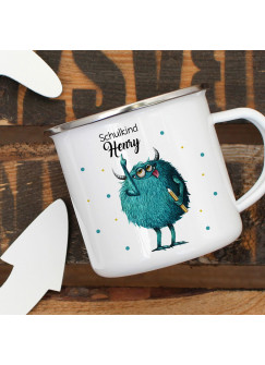 Emaille Becher Einschulung Camping Tasse Monster mit Stift Spruch Schulkind 2019 & Name Wunschname Kaffeetasse Geschenk eb440