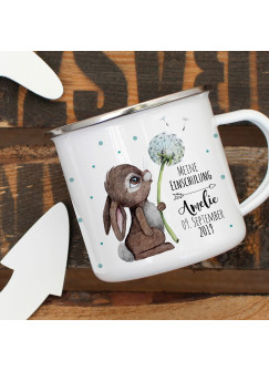 Emaille Becher Einschulung Camping Tasse Hase mit Pusteblume Spruch Schulkind 2019 & Name Wunschname Wunschdatum Kaffeetasse Geschenk eb441