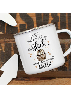 Emaille Becher Camping Tasse mit Kuchen Törtchen Muffin & Spruch viele Wege zum Glück... Kaffeetasse Geschenk Kaffeebecher eb442