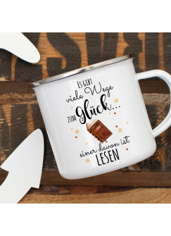 Emaille Becher Camping Tasse mit Buch Punkte & Spruch viele Wege zum Glück... Kaffeetasse Geschenk Kaffeebecher eb444