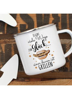 Emaille Becher Camping Tasse mit Bratwurst im Brötchen & Spruch viele Wege zum Glück... Kaffeetasse Geschenk Kaffeebecher eb446