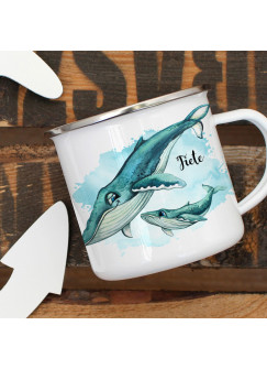 Emaille Becher Camping Tasse Wal mit Kind Junges & Name Wunschname Kaffeetasse Geschenk eb451