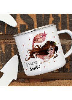 Emaille Tasse zur Einschulung Camping Becher brünette Meerjungfrau Spruch Schulkind & Name Wunschname Kaffeetasse Geschenk eb454