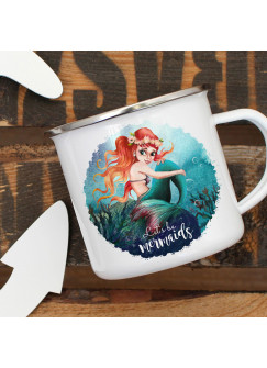 Emaille Becher Camping Tasse Meerjungfrau Spruch Let´s be mermaids Kaffeetasse Geschenk Spruchbecher eb455