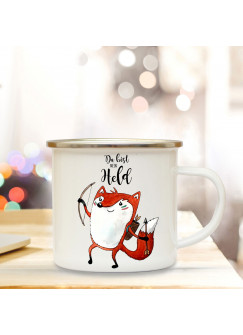 Emaille Tasse Becher mit Indianer Fuchs Kaffeebecher Camping Becher mit Spruch Motto du bist mein Held eb46