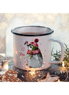 Emaille Becher Camping Tasse Winter Pinguin & Name Wunschname Kaffeetasse Weihnachten Geschenk Weihnachtsmotiv eb470