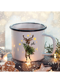 Emaille Becher Camping Tasse Winter Hirsch Baum & Name Wunschname Kaffeetasse Weihnachten Geschenk Weihnachtsmotiv eb471