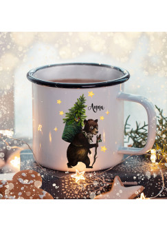 Emaille Becher Camping Tasse Winter Bär Tannenbaum & Name Wunschname Kaffeetasse Weihnachten Geschenk eb472