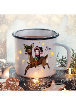 Emaille Becher Camping Tasse Winter Mädchen Reh & Name Wunschname Kaffeetasse Weihnachten Geschenk Weihnachtsmotiv eb473