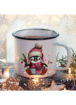 Emaille Becher Camping Tasse Winter Pinguin & Name Wunschname Kaffeetasse Weihnachten Geschenk Weihnachtsmotiv eb475