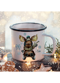 Emaille Becher Camping Tasse Winter Elch Schlitten & Name Wunschname Kaffeetasse Weihnachten Geschenk Weihnachtsmotiv eb477