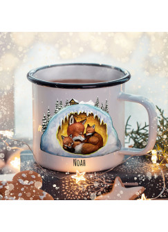 Emaille Becher Camping Tasse Winter Fuchs Füchse Fuchshöhle & Name Wunschname Kaffeetasse Weihnachten Geschenk Weihnachtsmotiv eb478