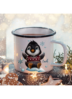 Emaille Becher Camping Tasse Winter Pinguin Schneeflocken & Name Wunschname Kaffeetasse Weihnachten Geschenk Weihnachtsmotiv eb479