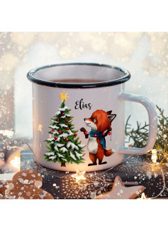 Emaille Becher Camping Tasse Winter Fuchs Weihnachtsbaum & Name Wunschname Kaffeetasse Weihnachten Geschenk Weihnachtsmotiv eb480