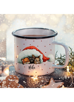 Emaille Becher Camping Tasse Winter Tiere unter Mütze & Name Wunschname Kaffeetasse Weihnachten Geschenk Weihnachtsmotiv eb481