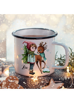 Emaille Becher Camping Tasse Winter Mädchen Reh & Name Wunschname Kaffeetasse Weihnachten Geschenk Weihnachtsmotiv eb482
