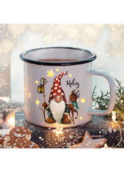 Emaille Becher Camping Tasse Winter Zwerg Reh & Name Wunschname Kaffeetasse Weihnachten Geschenk Weihnachtsmotiv eb483