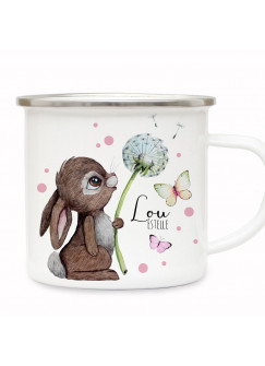 Emaille Becher Camping Tasse Motiv Hase Häschen Pusteblume Schmetterlinge rosa Punkte & Wunschname Name Kaffeetasse Geschenk eb490