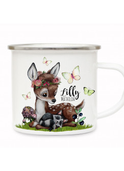 Emaille Becher Camping Tasse Motiv Reh Waschenbär Blaubeeren Schmetterlinge & Wunschname Name Kaffeetasse Geschenk eb491