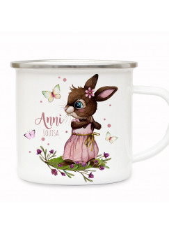 Emaille Becher Camping Tasse Motiv Hase Häschen rosa Schmetterlinge & Wunschname Name Kaffeetasse Geschenk eb492