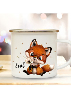 Emaille Becher Camping Tasse Motiv Fuchs Füchschen Pusteblume Punkte & Wunschname Name Kaffeetasse Geschenk eb493