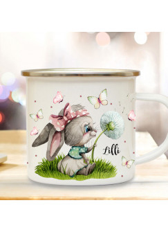 Emaille Becher Camping Tasse Motiv Hase Häschen mit Pusteblume  & Wunschname Name Kaffeetasse Geschenk Kinder eb494