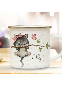 Emaille Becher Camping Tasse Motiv Katze Kätzchen auf Ast & Wunschname Name Kaffeetasse Geschenk eb495