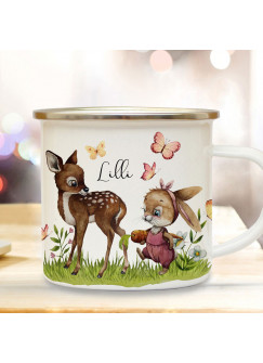 Emaille Becher Camping Tasse Motiv Hase Häschen mit Reh & Wunschname Name Kaffeetasse Geschenk eb496