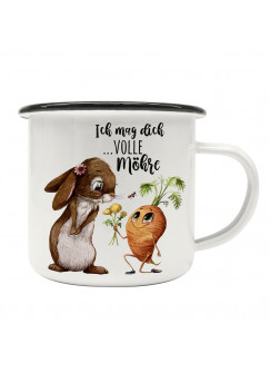 Emaille Becher Camping Tasse mit Hase Häschen Karotte Spruch Ich mag dich volle Möhre Kaffeetasse schwarzer Becherrand eb500