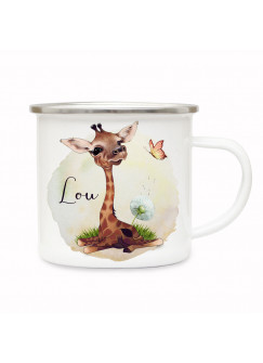 Emaille Becher Camping Tasse Motiv Giraffe mit Pusteblume & Wunschname Name Kaffeetasse Geschenk Kinder eb501