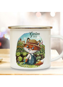 Emaille Becher Camping Tasse Gartentasse Motiv Herr Fuchs Füchschen & Wunschname Name auf Rückseite Kaffeetasse Geschenk eb503