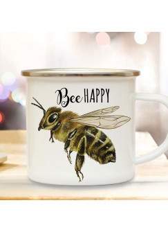 Emaille Becher Camping Tasse Biene Bienchen Spruch Bee Happy Kaffeetasse Geschenk Kaffeebecher eb506