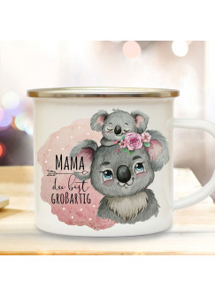 Emaille Becher Camping Tasse Koalabär Koala Mama mit Kind Spruch Mama du bist großartig Kaffeetasse Geschenk Muttertag Kaffeebecher eb511