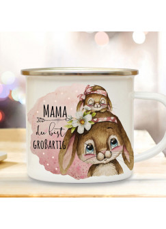 Emaille Becher Camping Tasse Hase Häschen Mama mit Kind Spruch Mama du bist großartig Kaffeetasse Geschenk Muttertag Kaffeebecher eb512