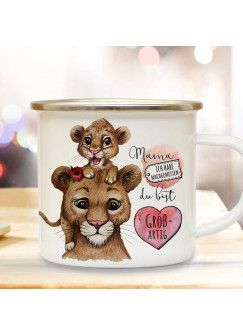 Emaille Becher Camping Tasse Löwe Löwenmama Mama mit Junges & Spruch Mama du bist großartig Kaffeetasse Geschenk Muttertag eb514