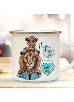 Emaille Becher Camping Tasse Löwe Löwenpapa Papa Kind Löwenjunge & Spruch Papa du bist großartig Kaffeetasse Geschenk Vatertag eb517